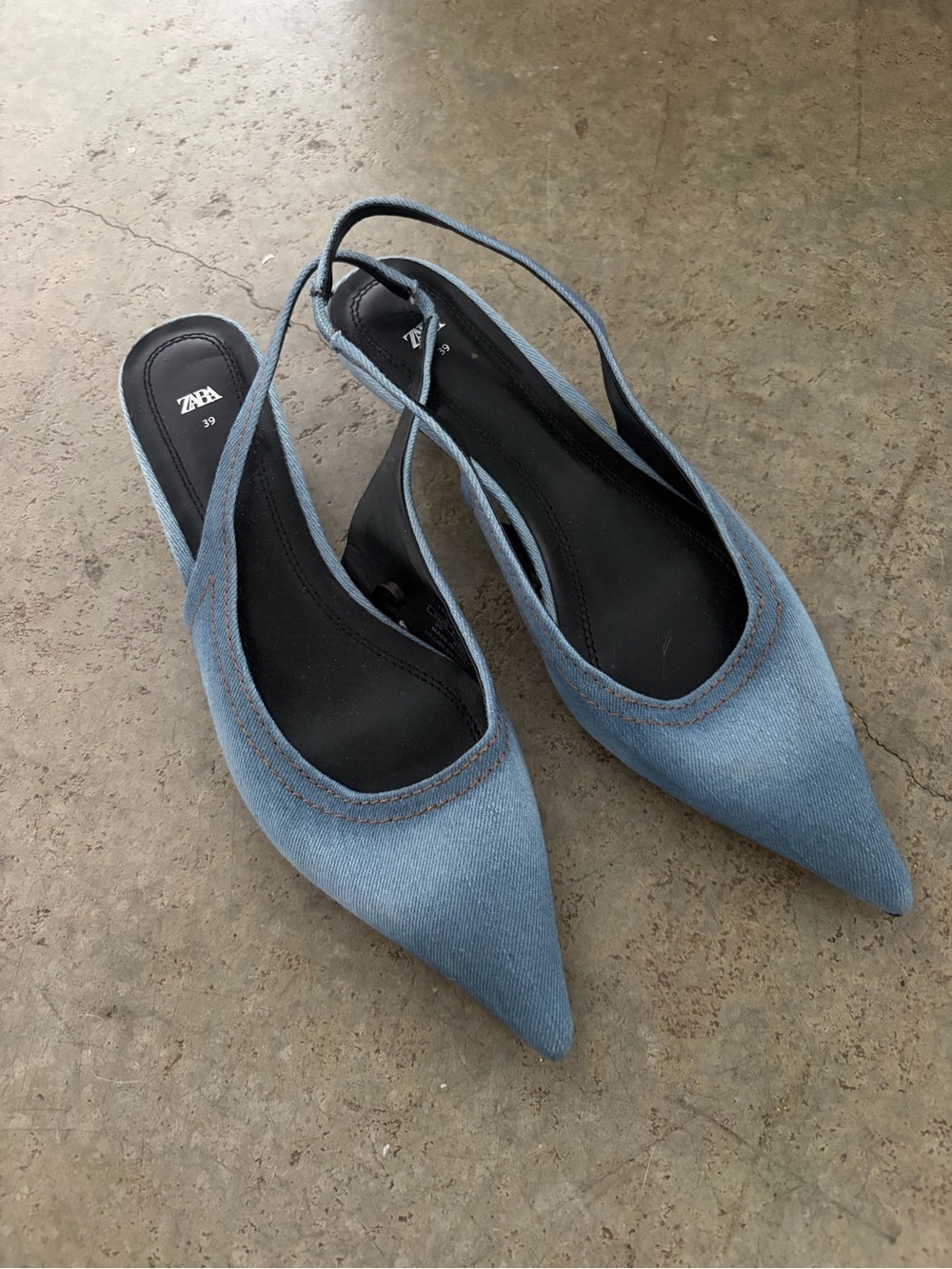 Zara Denim Pointed Slingback Mules in Light Blue